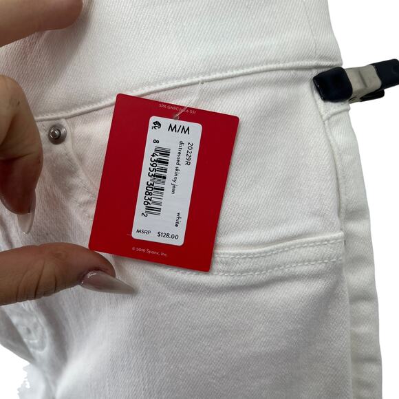 SPANX Distressed Skinny Jeans White Pull On Stretch Pockets Slimming Medium NEW - Picture 6 of 10